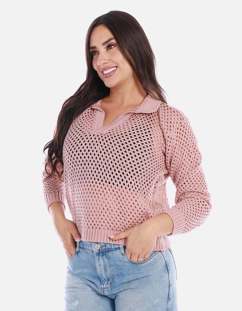 Buzo en punto calado cuello V mujer