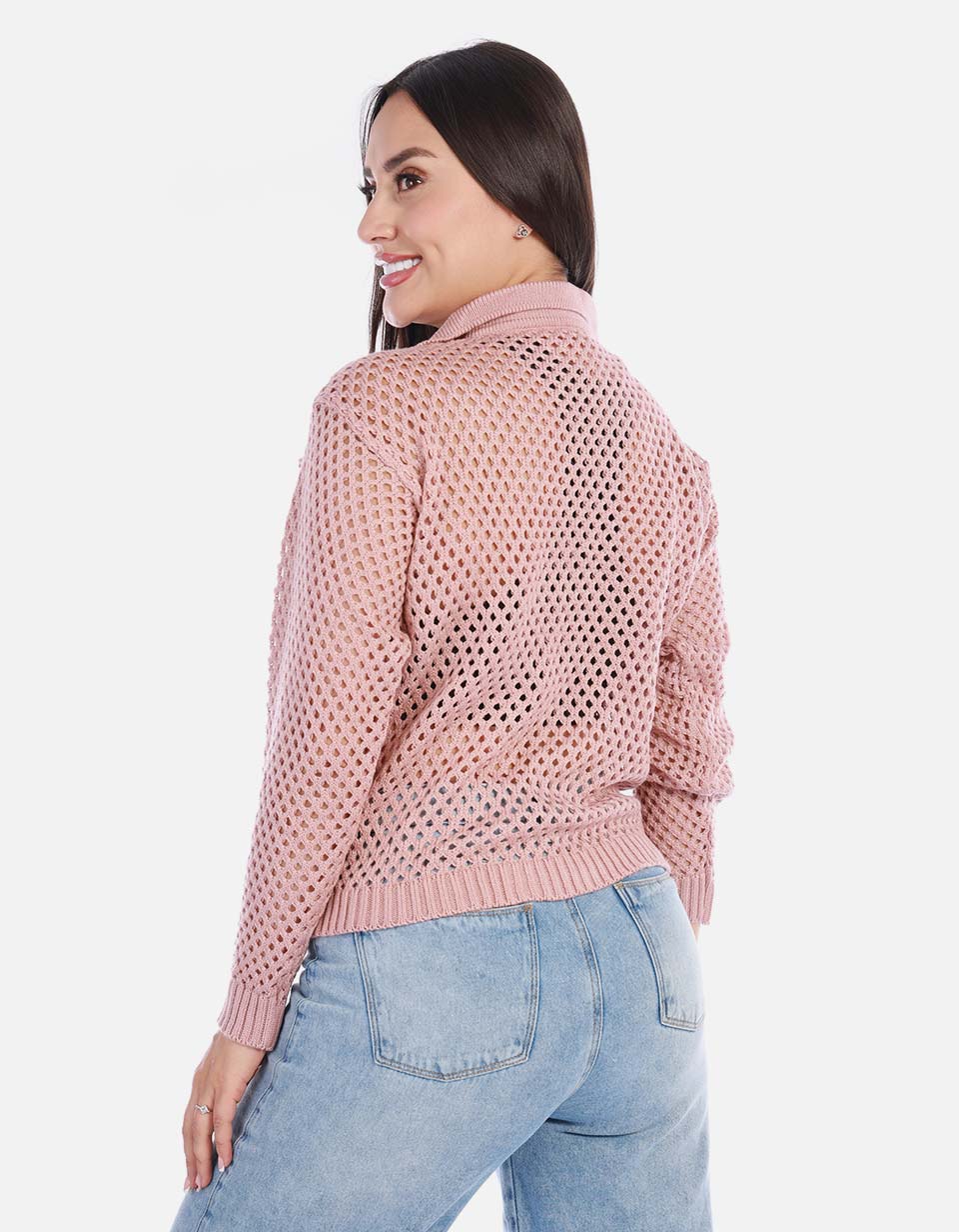 Buzo en punto calado cuello V mujer