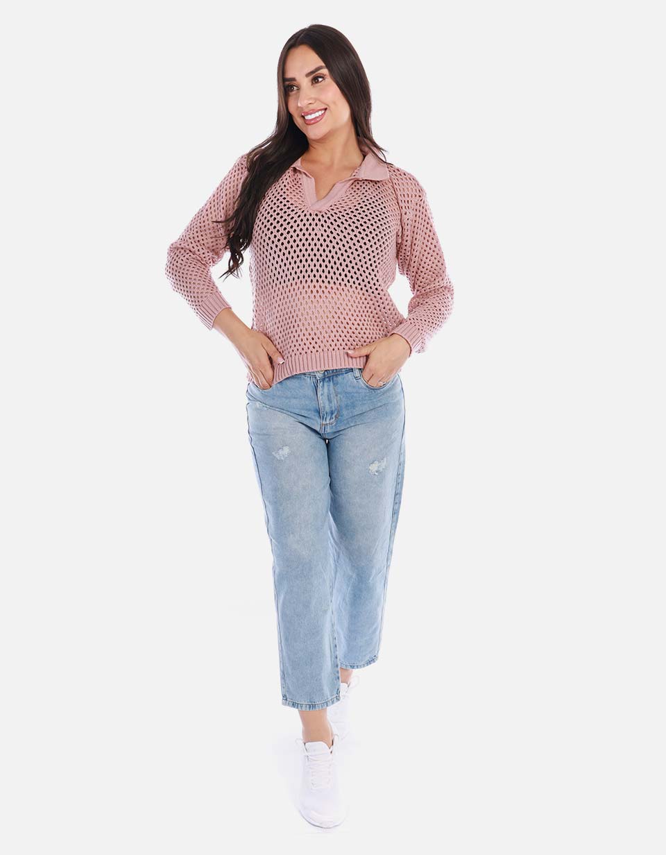 Buzo en punto calado cuello V mujer